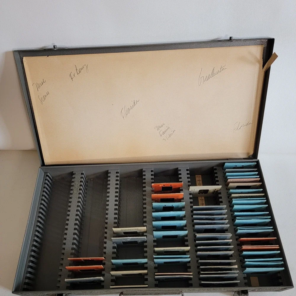 Vintage Metal Slide Storage Case with 35mm Film Slides 1950s Travel Family